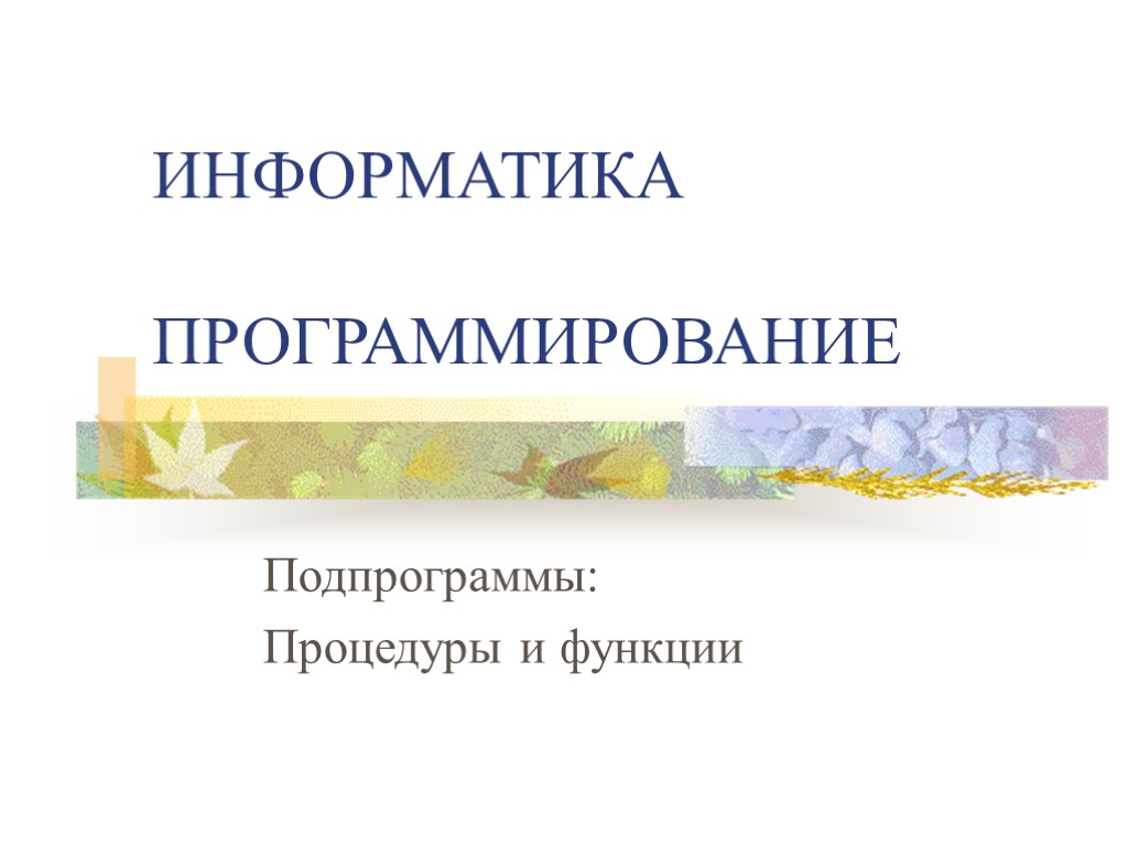 ИНФОРМАТИКА ПРОГРАММИРОВАНИЕ Подпрограммы: Процедуры и функции